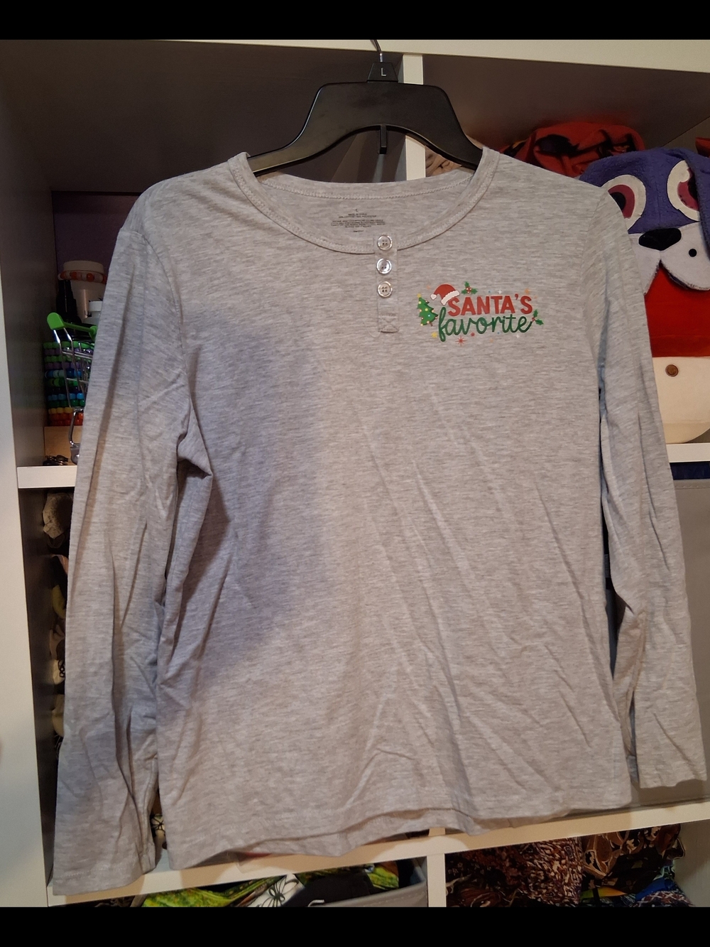 Womens Light Gray Long Sleeve Henley Top with 'Santa's Favorite' Embroidery